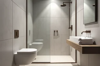 Petite salle de bain moderne de 4 m² avec douche à l'italienne, vasque suspendue et carrelage gris clair