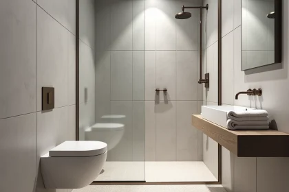 Petite salle de bain moderne de 4 m² avec douche à l'italienne, vasque suspendue et carrelage gris clair