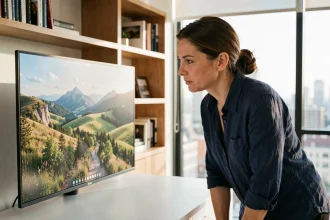 Photographe professionnelle évaluant la qualité d'affichage d'un écran numérique pour photos dans un bureau moderne