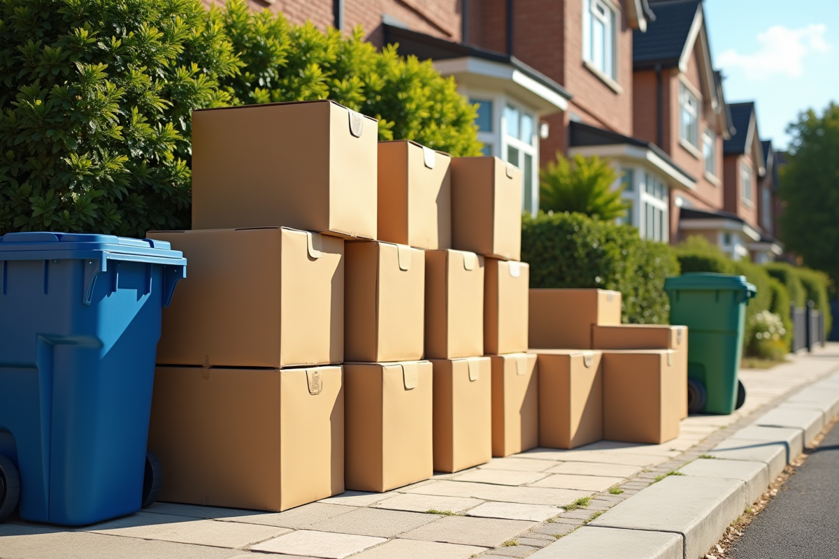 Pile de cartons prêts pour la collecte devant une poubelle verte