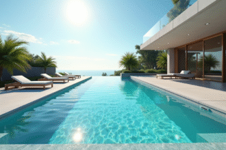 Piscine moderne avec eau turquoise et mobilier élégant