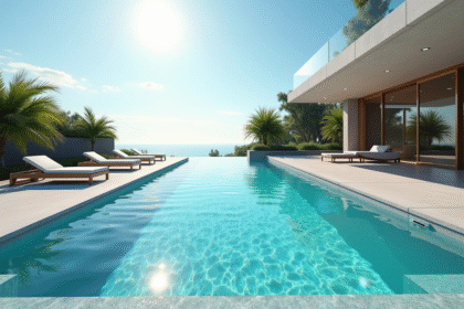 Piscine moderne avec eau turquoise et mobilier élégant