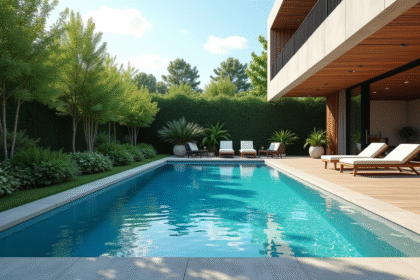 Piscine minérale moderne dans un jardin extérieur ensoleillé