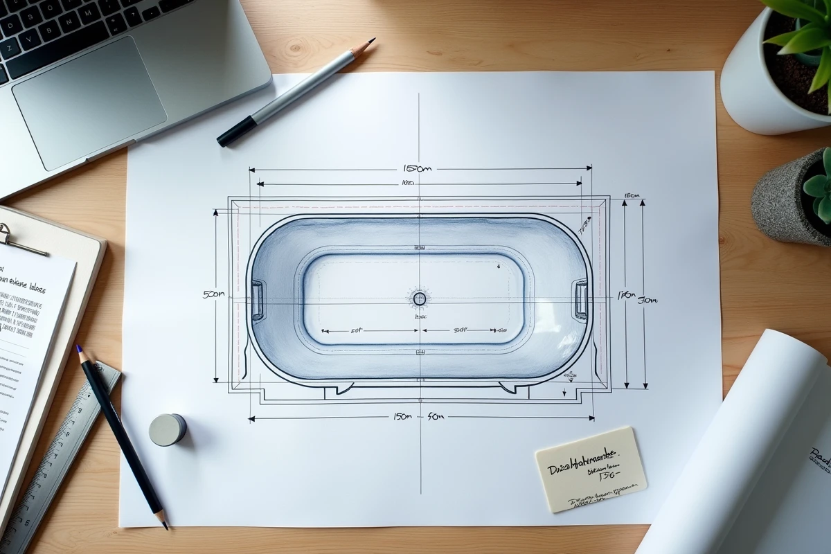 Plan technique d'architecte avec cotes de baignoire standard et annotations des normes d'accessibilité en centimètres