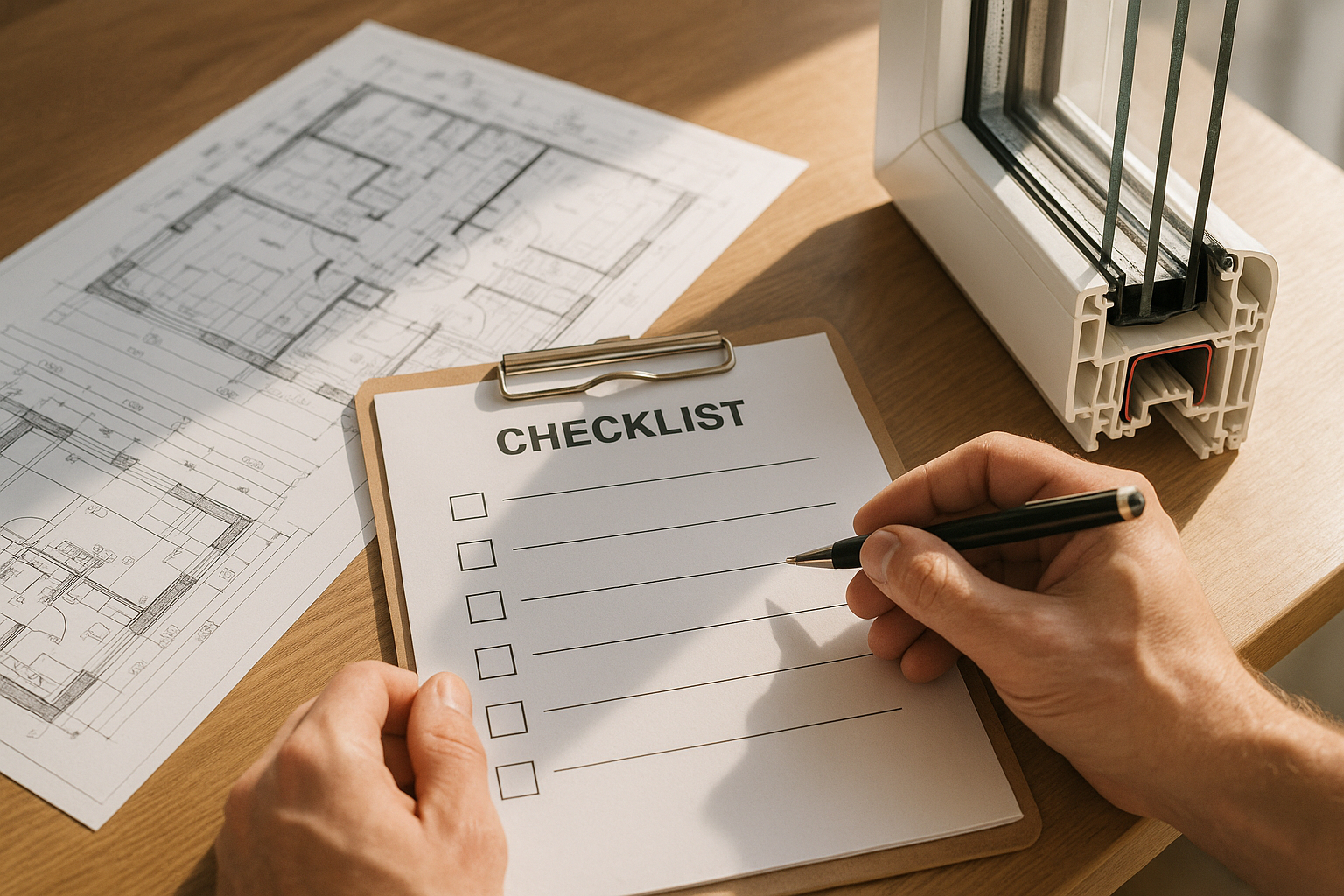 Planification avec plans et fenêtre double vitrage sur une table en bois