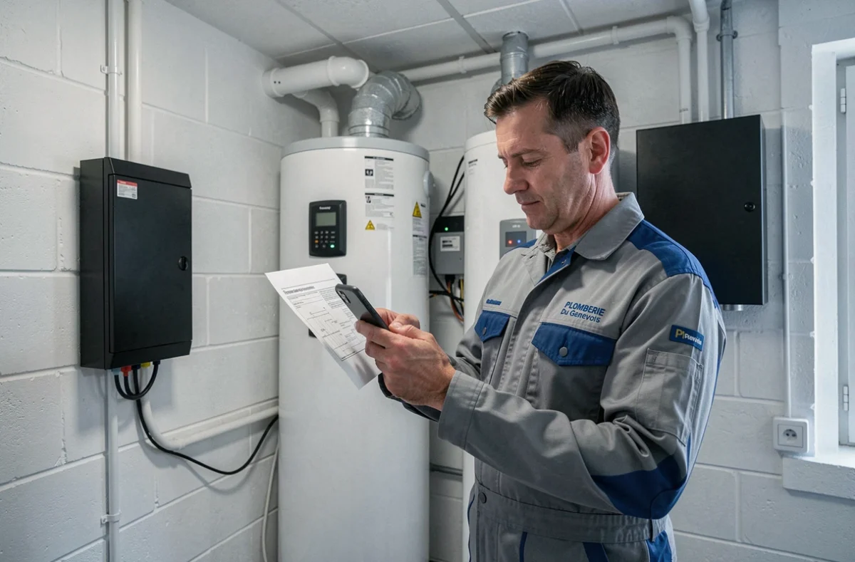Technicien Plomberie Du Genevois inspectant une installation de climatisation réversible dans une chaufferie résidentielle