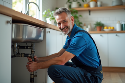 Plombier homme en overalls vérifiant les tuyaux sous un évier moderne