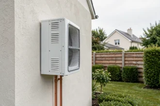 Pompe à chaleur air-eau installée sur la façade extérieure d'une maison individuelle contemporaine