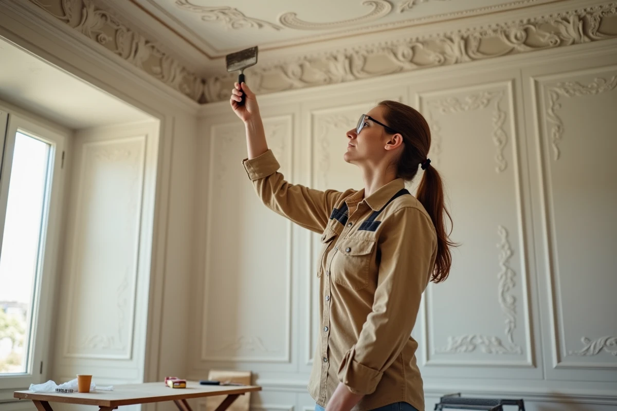 Femme artisane lissant les joints d'une toile enduit au plafond d'un appartement haussmannien avec une spatule large