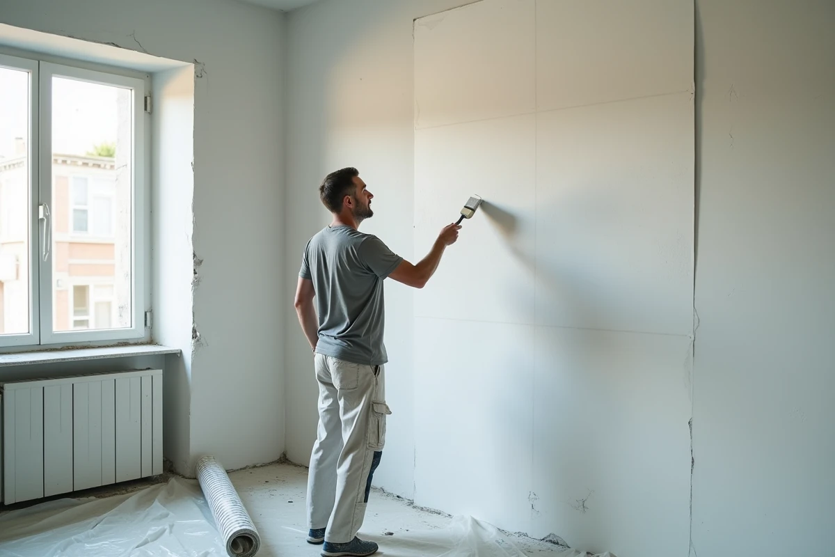 Artisan posant de la toile de verre lisse sur un mur en plâtre dans un appartement en rénovation