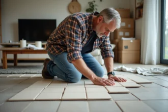 Homme posant des carreaux dans une maison moderne