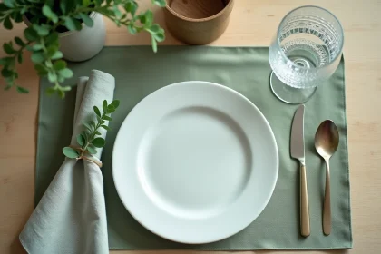 Positionnement d'un verre à vin en cristal sur une table dressée avec élégance, vue en plongée légère, nappage en lin sage et couverts argentés