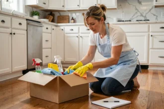 Femme préparant ses produits ménagers avant un grand ménage à domicile dans une cuisine moderne