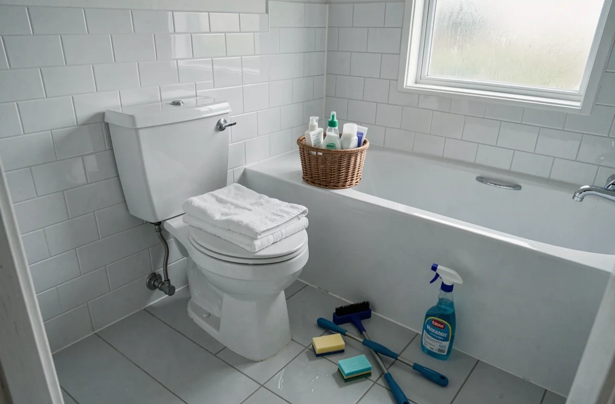 Salle de bain organisée et préparée avant un grand ménage en profondeur à domicile