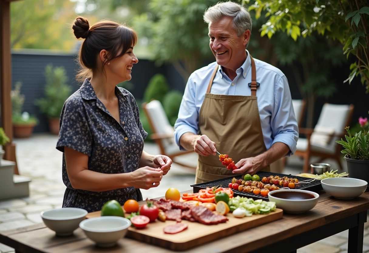 Une femme et un homme préparent des brochettes à l
