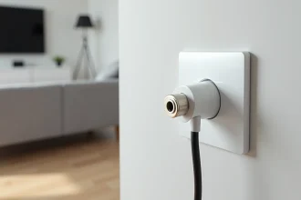 Prise TV encastrée dans un mur blanc d'un salon moderne avec câble coaxial branché