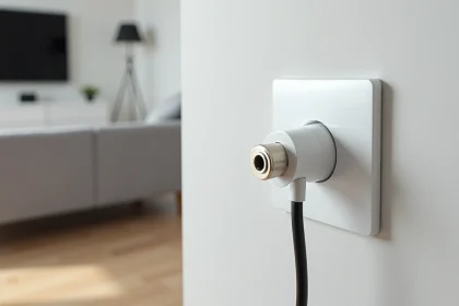 Prise TV encastrée dans un mur blanc d'un salon moderne avec câble coaxial branché