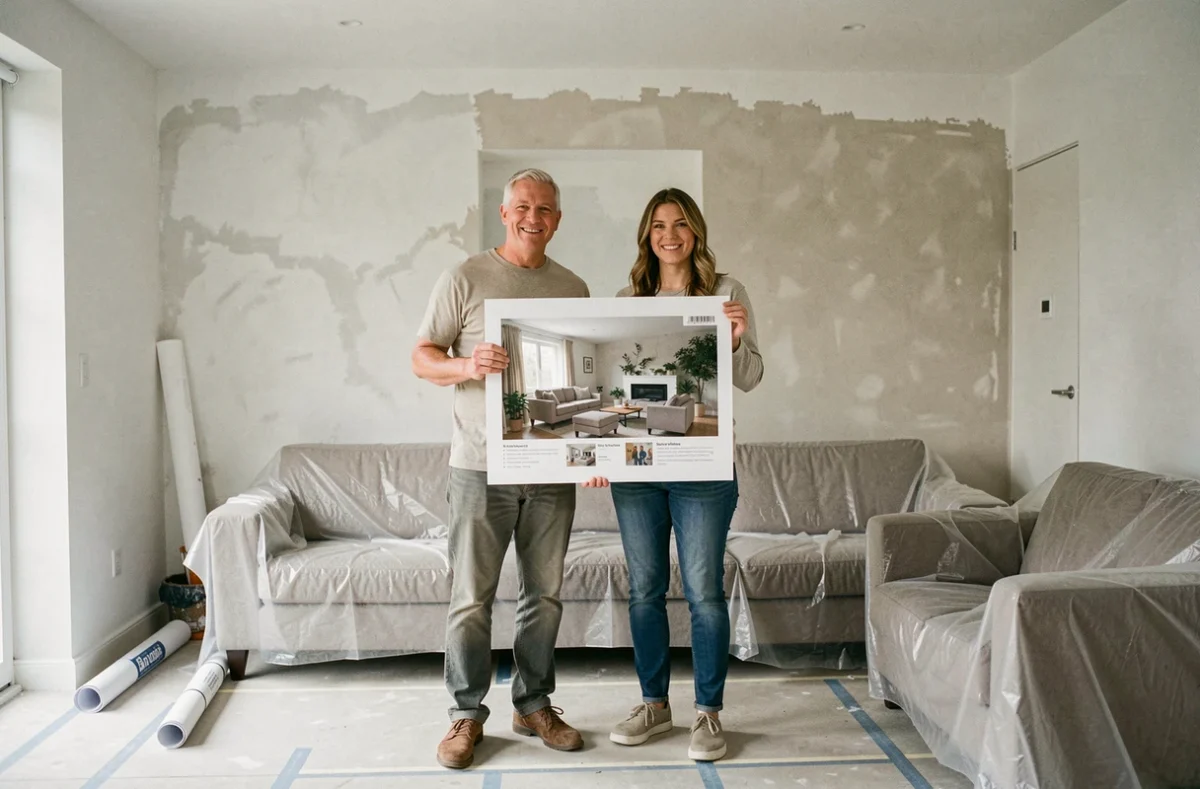Couple visualisant leur projet de décoration murale sur mesure dans un salon en cours de rénovation