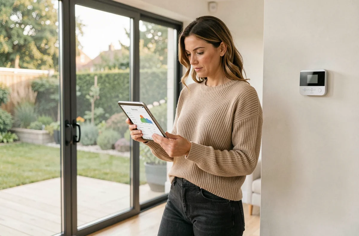 Propriétaire consultant les coûts d'une pompe à chaleur sur tablette dans son salon moderne