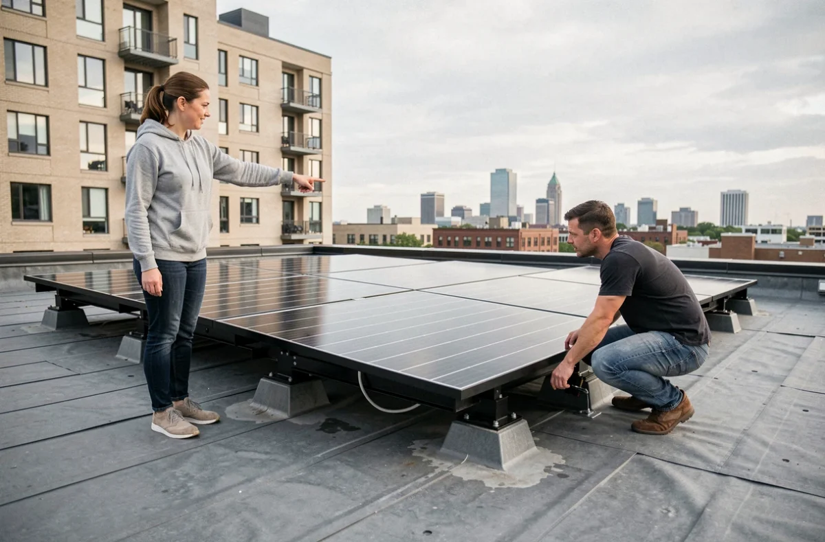 Propriétaire et installateur examinant des supports à ballast pour panneaux solaires sur une toiture terrasse en milieu urbain