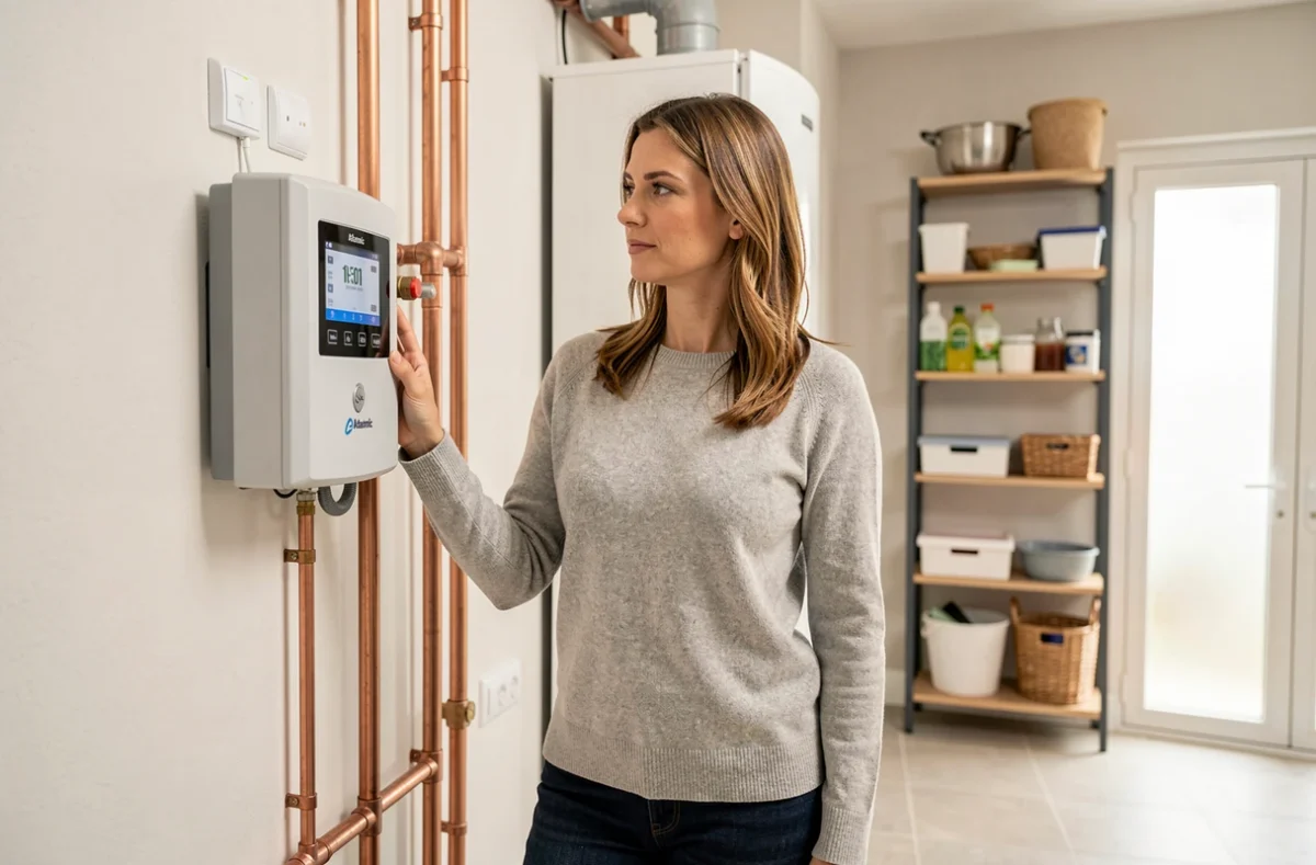 Propriétaire consultant le tableau de commande d'une pompe à chaleur air-eau Atlantic dans une chaufferie domestique moderne