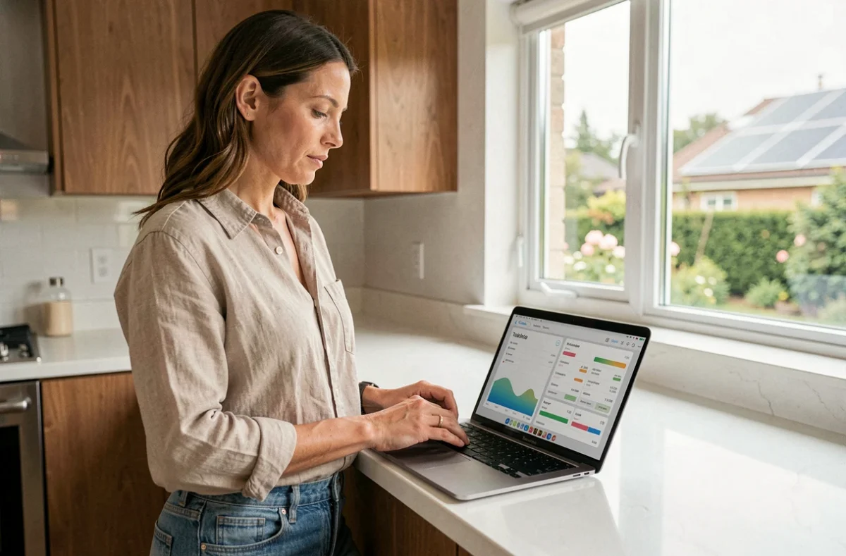 Propriétaire consultant les données de consommation énergétique Tesla sur son ordinateur portable dans une cuisine moderne