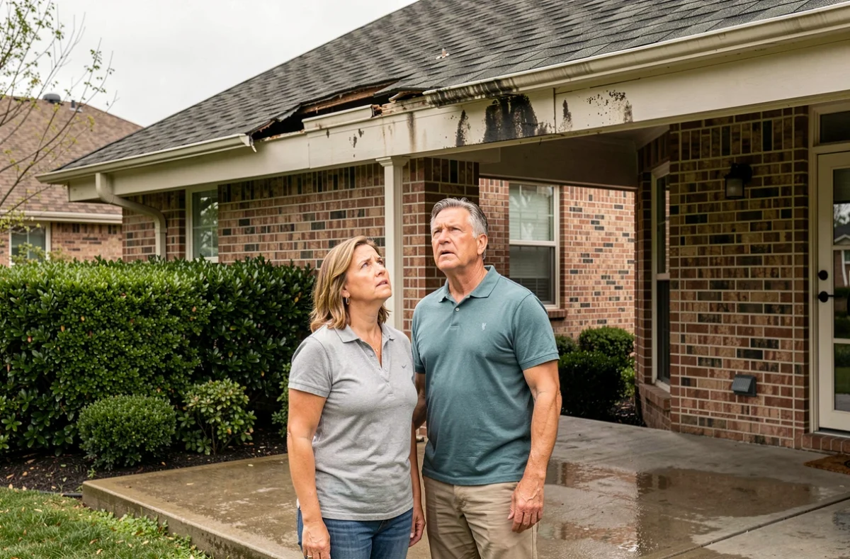 Couple de propriétaires inquiets observant les dégâts sur leur toiture shingle depuis le jardin, symbolisant les risques d'un entretien low-cost