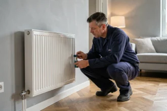 Technicien inspectant un radiateur basse température compatible pompe à chaleur dans un salon moderne