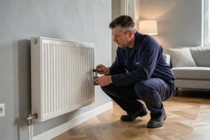 Technicien inspectant un radiateur basse température compatible pompe à chaleur dans un salon moderne