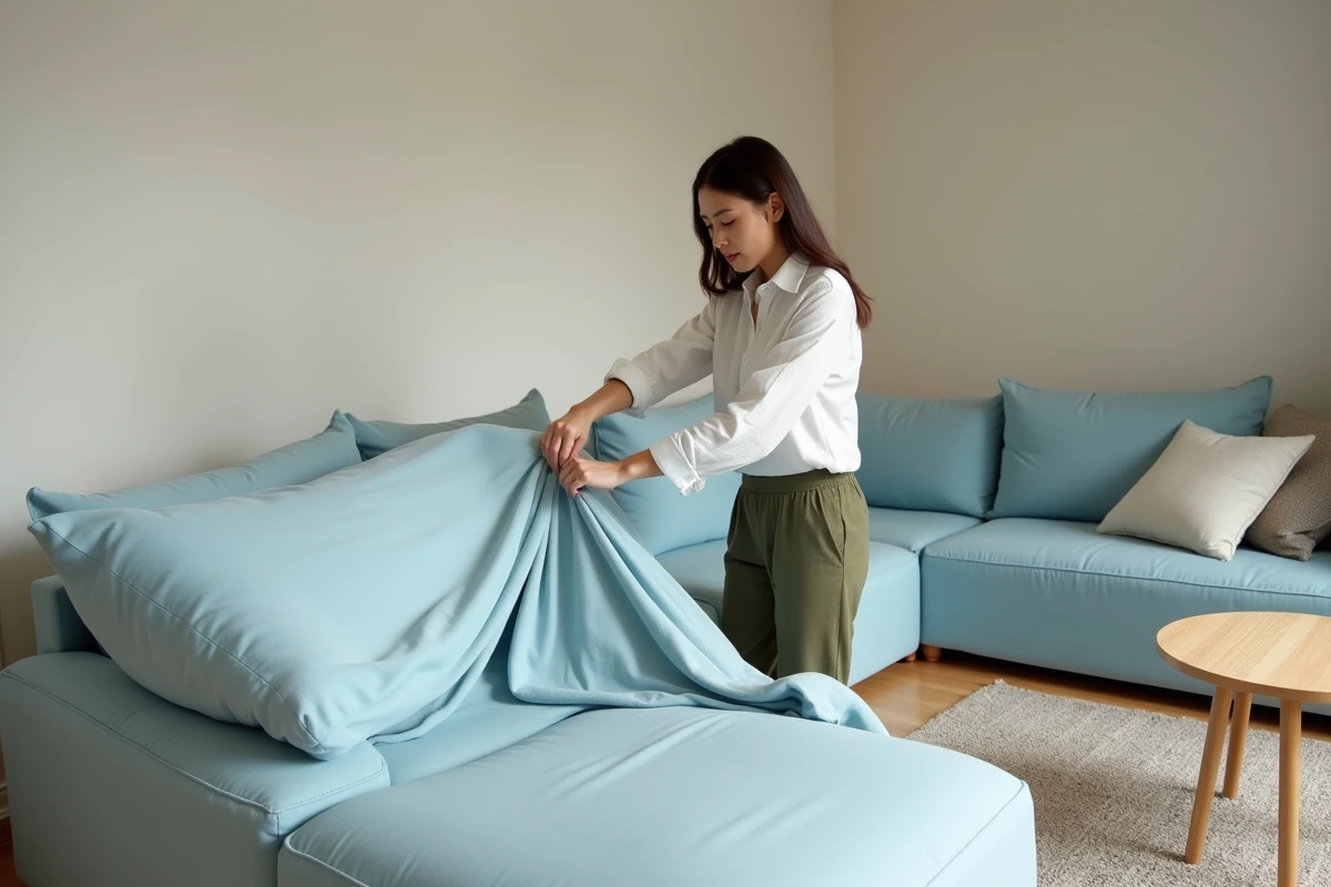 Femme remettant une housse propre et fraîchement lavée sur un canapé modulable en L bleu pâle