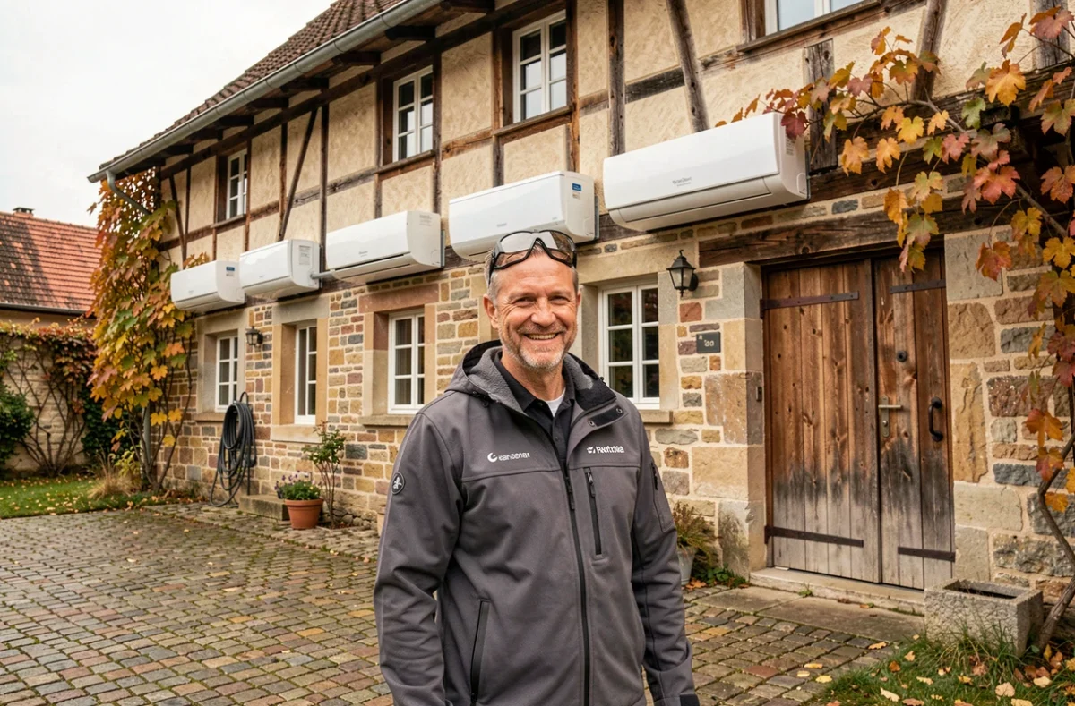 Spécialiste RENOSTRA MORSON MT devant une ferme alsacienne rénovée équipée d'un système de climatisation multi-split