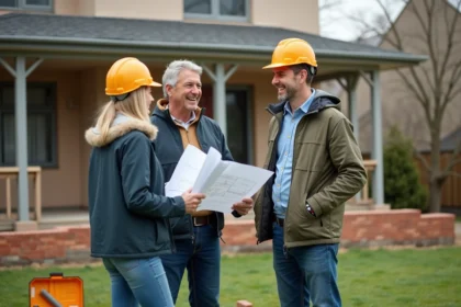 Couple avec plans devant maison en rénovation