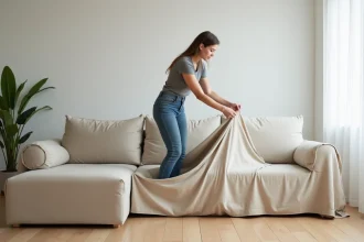 Femme retirant une housse de canapé en L beige dans un salon scandinave avant lavage