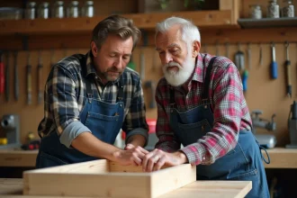 Retraité transmettant son savoir-faire bricolage à un jeune adulte dans un atelier communautaire