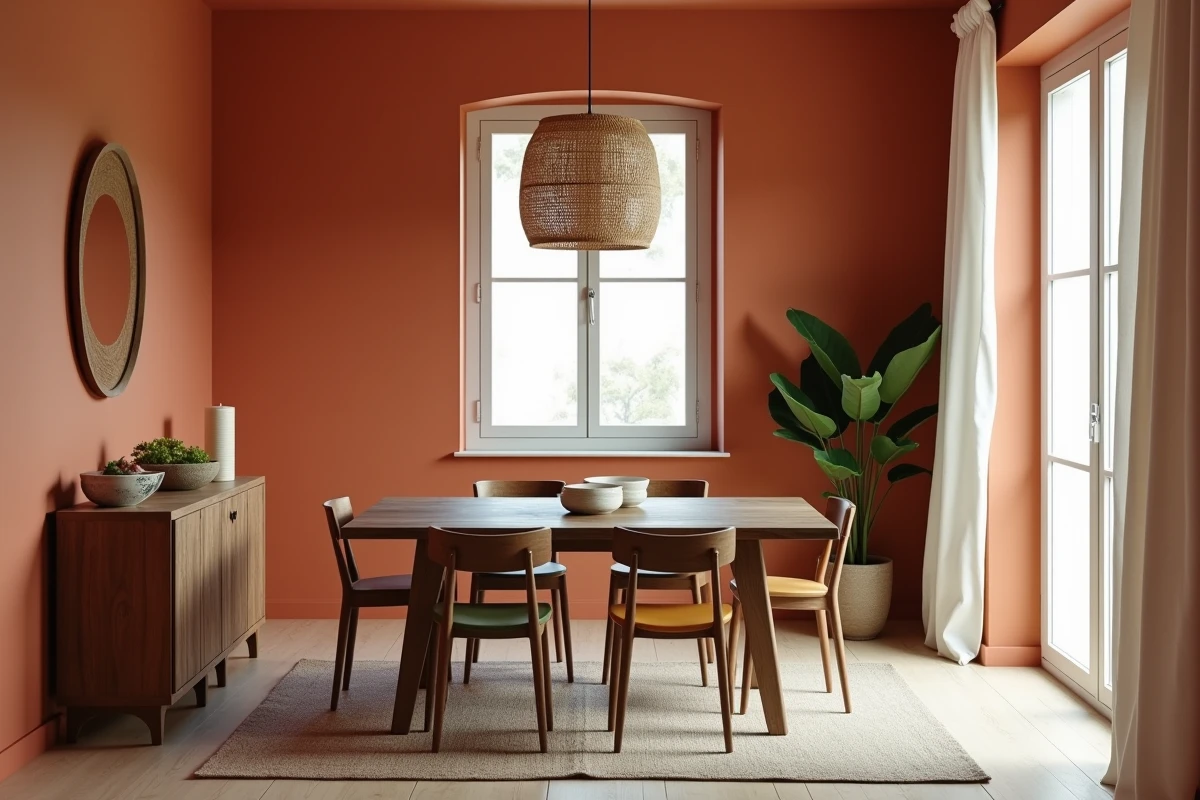 Salle à manger aux murs terracotta mat avec table en noyer et chaises vintage dépareillées dans une petite pièce