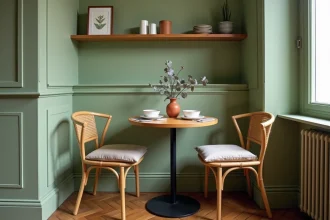 Petite salle à manger avec murs en vert sauge mat, table ronde en bois et chaises en rotin dans un appartement parisien