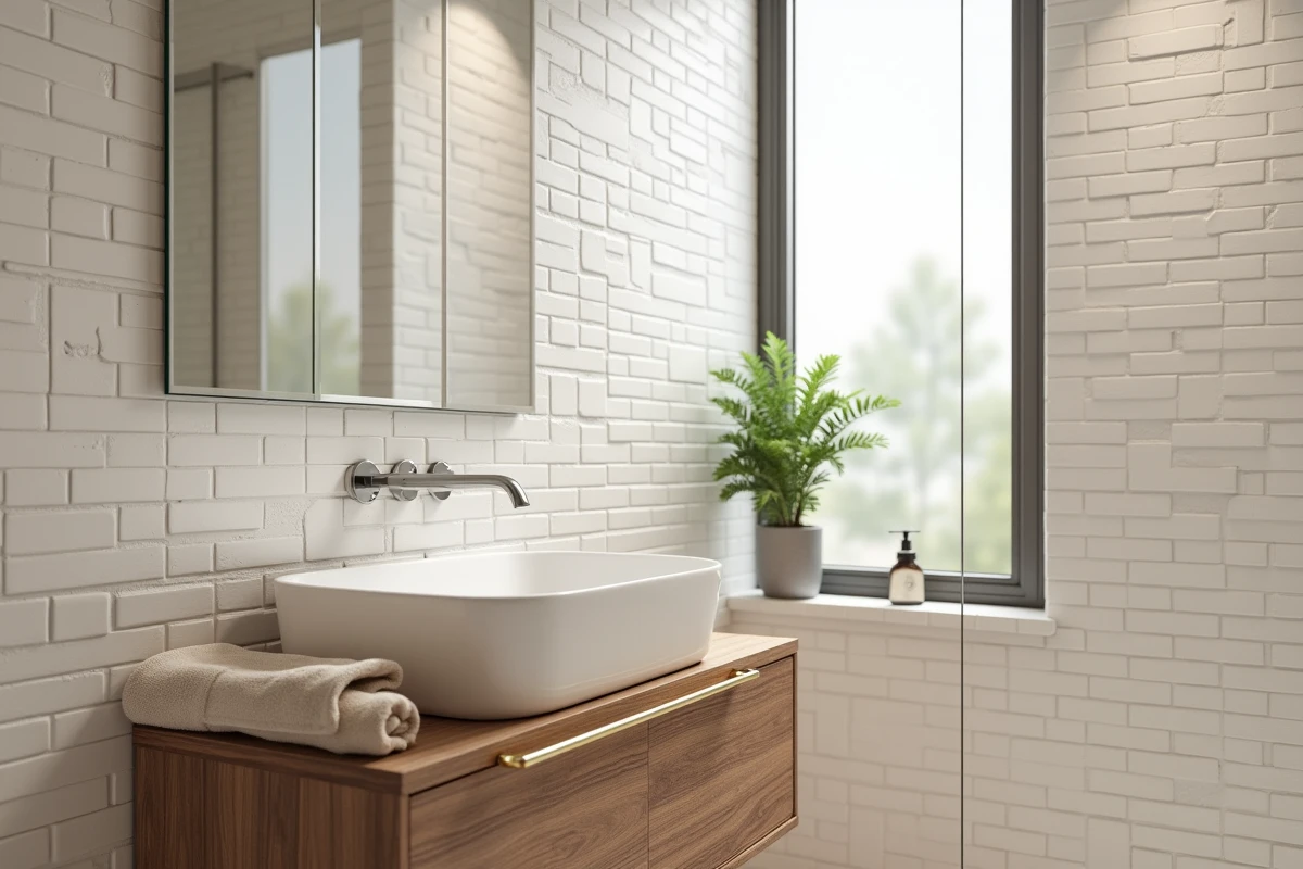 Salle de bain en carrelage beige avec vasque en noyer et douche vitrée pour agrandir visuellement la pièce