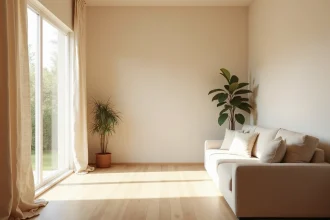 Salon minimaliste aux murs beige et rideaux en lin, baigné de lumière naturelle pour agrandir visuellement l'espace