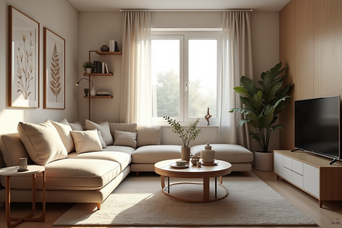 Salon cosy avec décoration moderne et lumière du jour