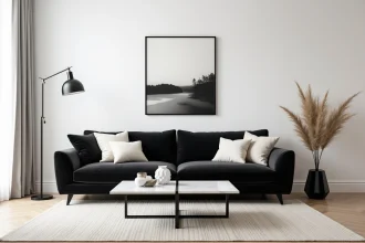 Salon moderne en noir et blanc avec canapé velours charbon, tapis ivoire et œuvres d'art abstraites encadrées en métal noir