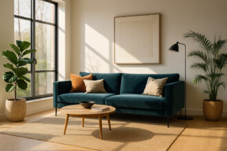 Salon moderne avec canapé en velours teal et grande fenetre