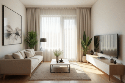 Salon lumineux avec mobilier compact et lumière naturelle