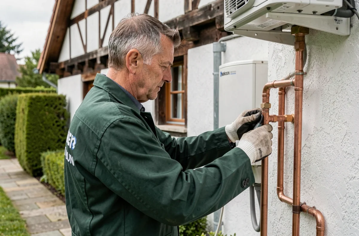Technicien Schierer-Jung raccordant des tuyaux en cuivre sur une climatisation d'une maison alsacienne