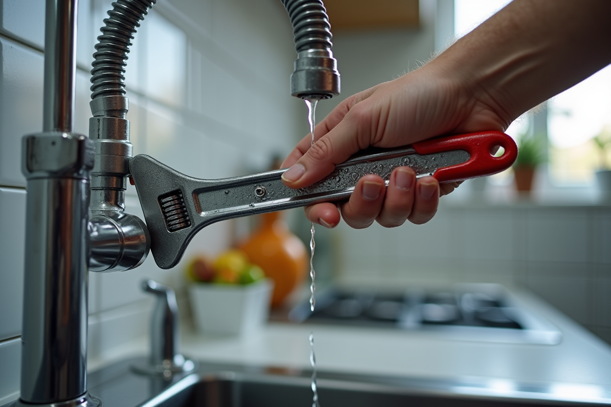 main utilisant une clé pour serrer un tuyau dans une cuisine moderne