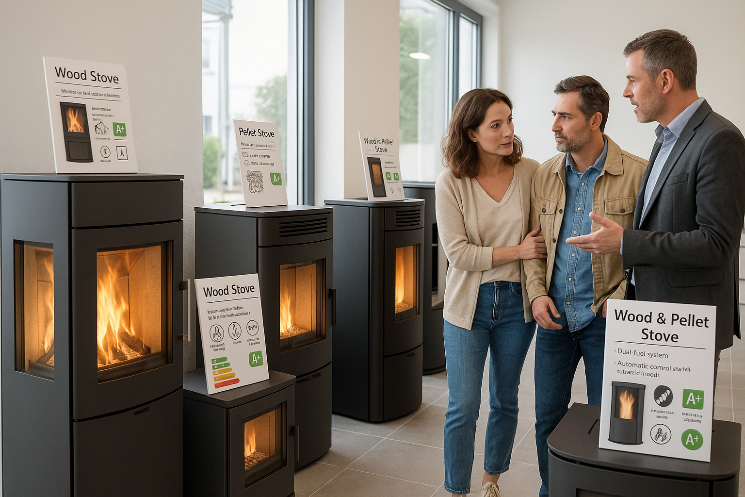 Showroom avec plusieurs poêles à bois et pellets en exposition