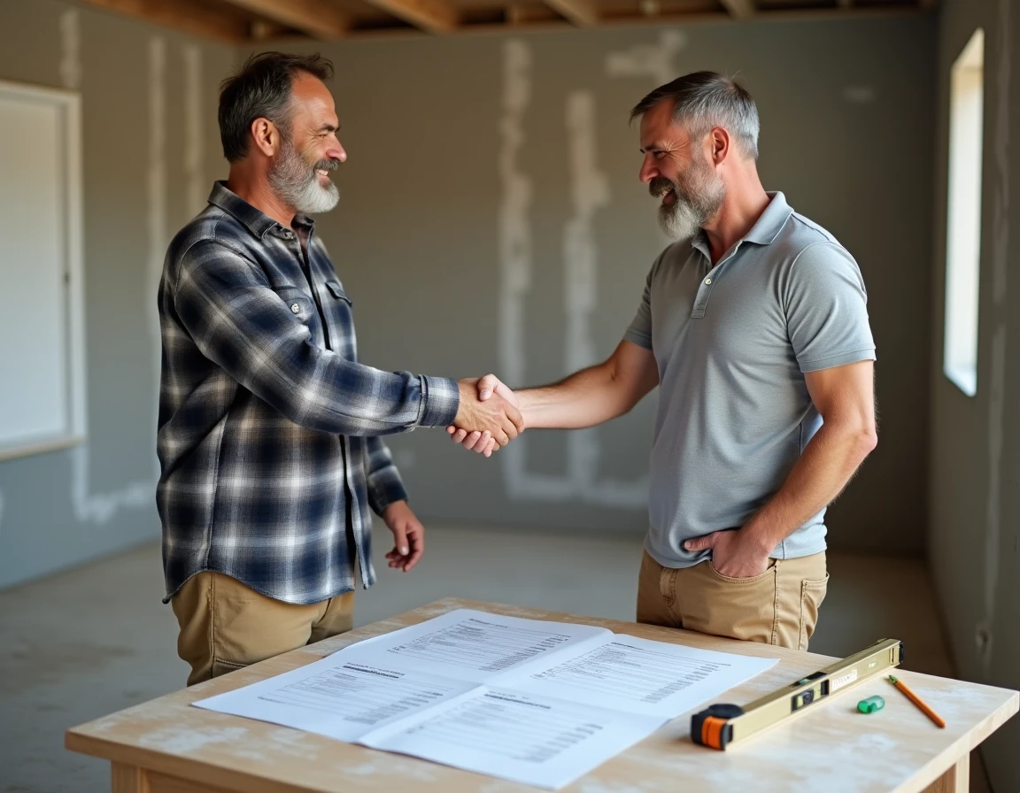 Propriétaire et artisan se serrant la main après signature d'un devis de rénovation dans une pièce en travaux