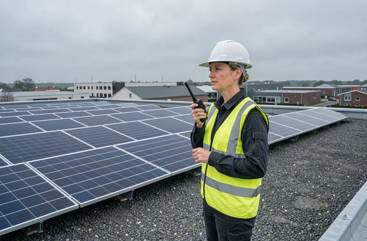Chef de projet Sofreg supervisant une installation photovoltaïque de grande envergure sur le toit plat d'un bâtiment industriel en Seine-Maritime