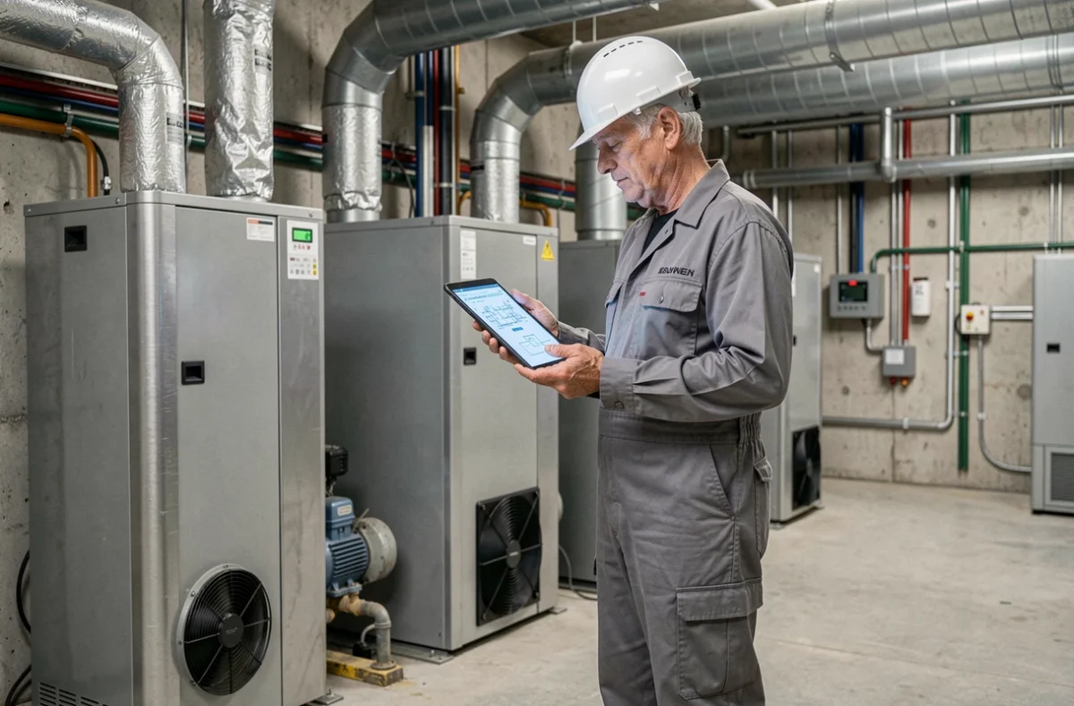 Ingénieur de Spehner Génie Climatique analysant des plans techniques dans une salle de machinerie industrielle