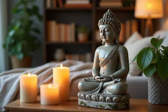 Statue décorative de Bouddha en pierre posée sur une console en bois avec des bougies piliers et une plante verte dans un salon contemporain