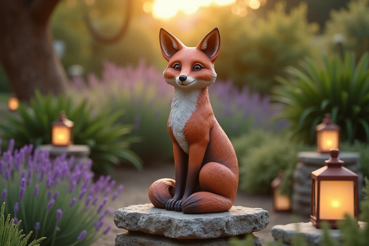 Statue de jardin en terre cuite représentant un renard assis sur un piédestal en pierre entouré de lanternes solaires et de lavande dans un coin de jardin aménagé